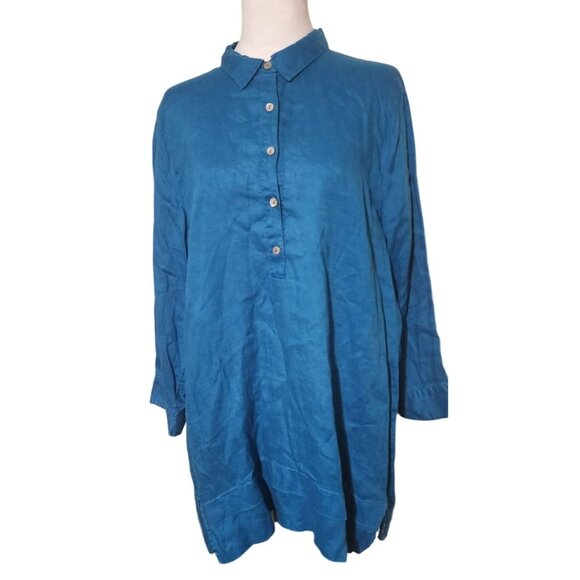 J.Jill Blue 100% Linen Button-Down Tunic Top W/ Roll-Tab Sleeves & Collar Size L - Picture 1 of 7